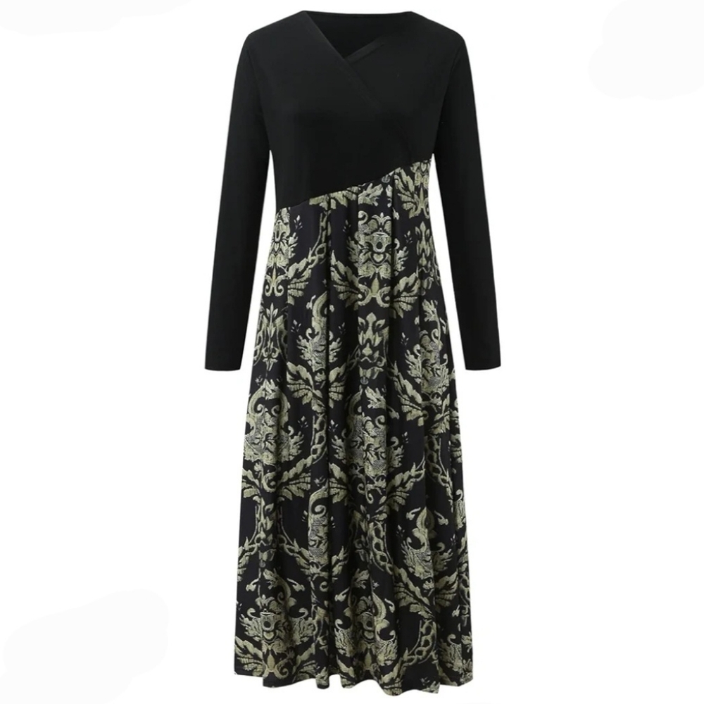 5 for $25 | Asymmetrical Baroque Print Long Sleeve Maxi Dress